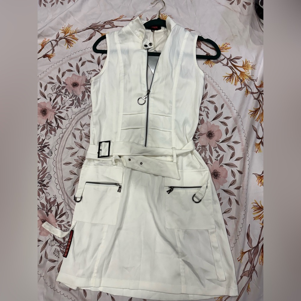 Prada made in ITALY Ivory Mini Dress with Belt and Zipper Accents